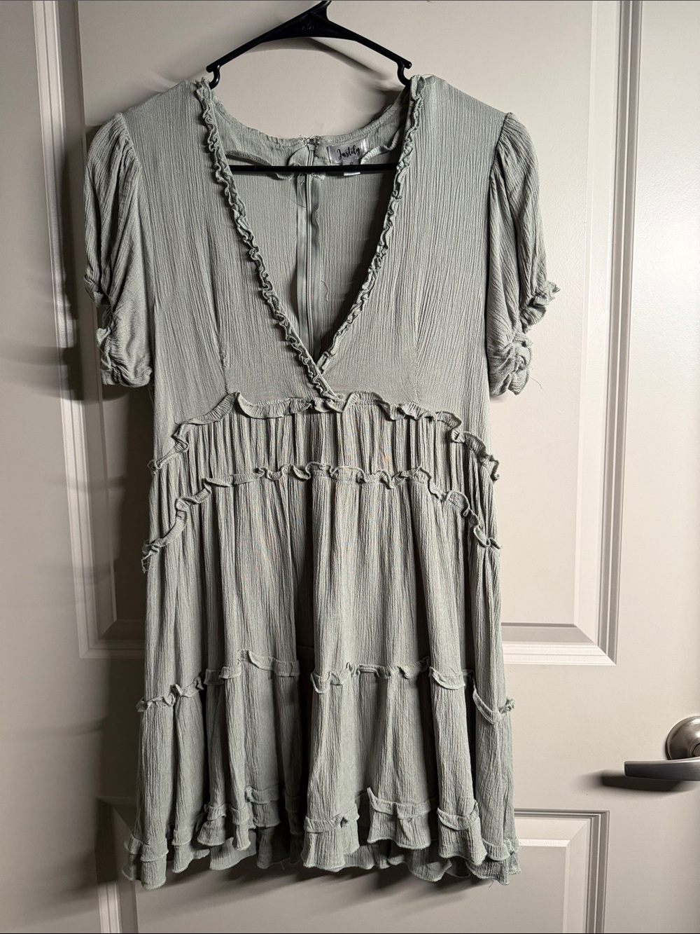 Justify Sage Tiered Ruffle V-Neck Mini Dress